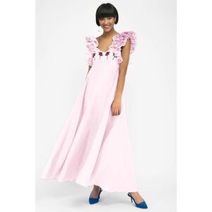 Fanm Mon Demre Maxi Dress Pink Rose Embroidery Ruffle Sleeve 100% Linen Gown XS